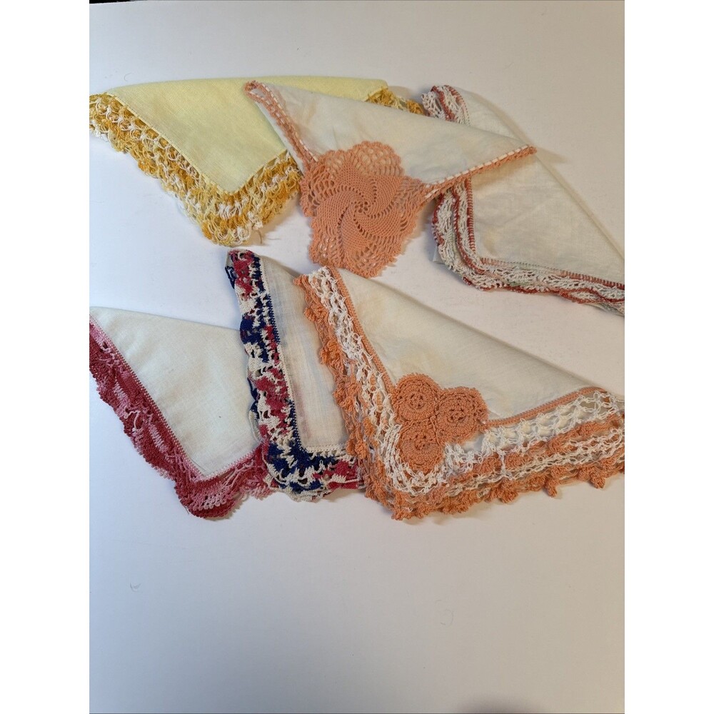 Handkerchief Hankie lot of 6 with crochet edging, Vintage